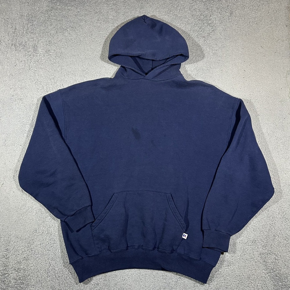 Vintage Russell Athletic Hoodie Navy Blue 2XL Blank Pullover #3783